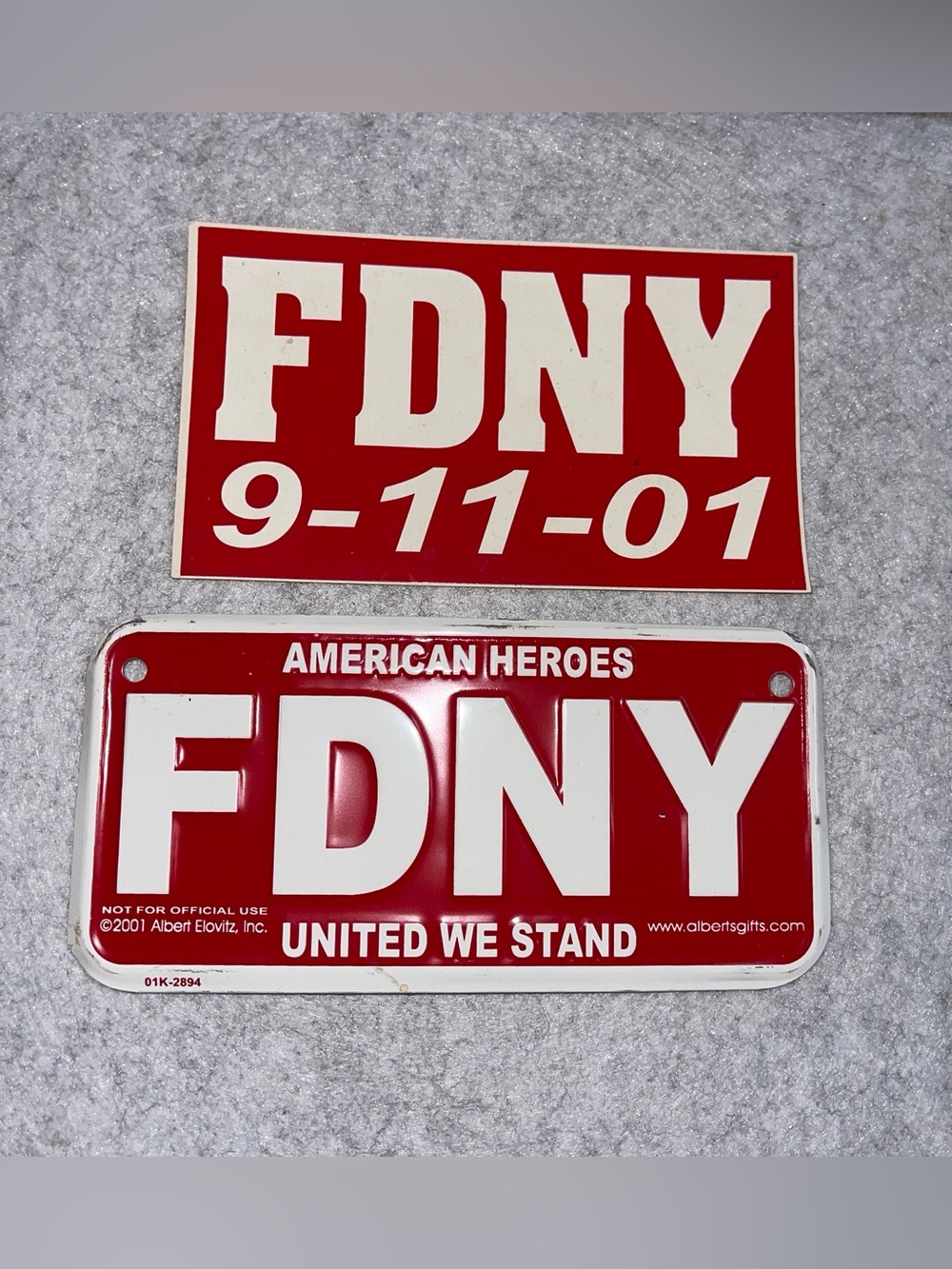 VINTAGE FDNY 9-11-01 Red Decal and Mini License Plate Set Purchased in 2001